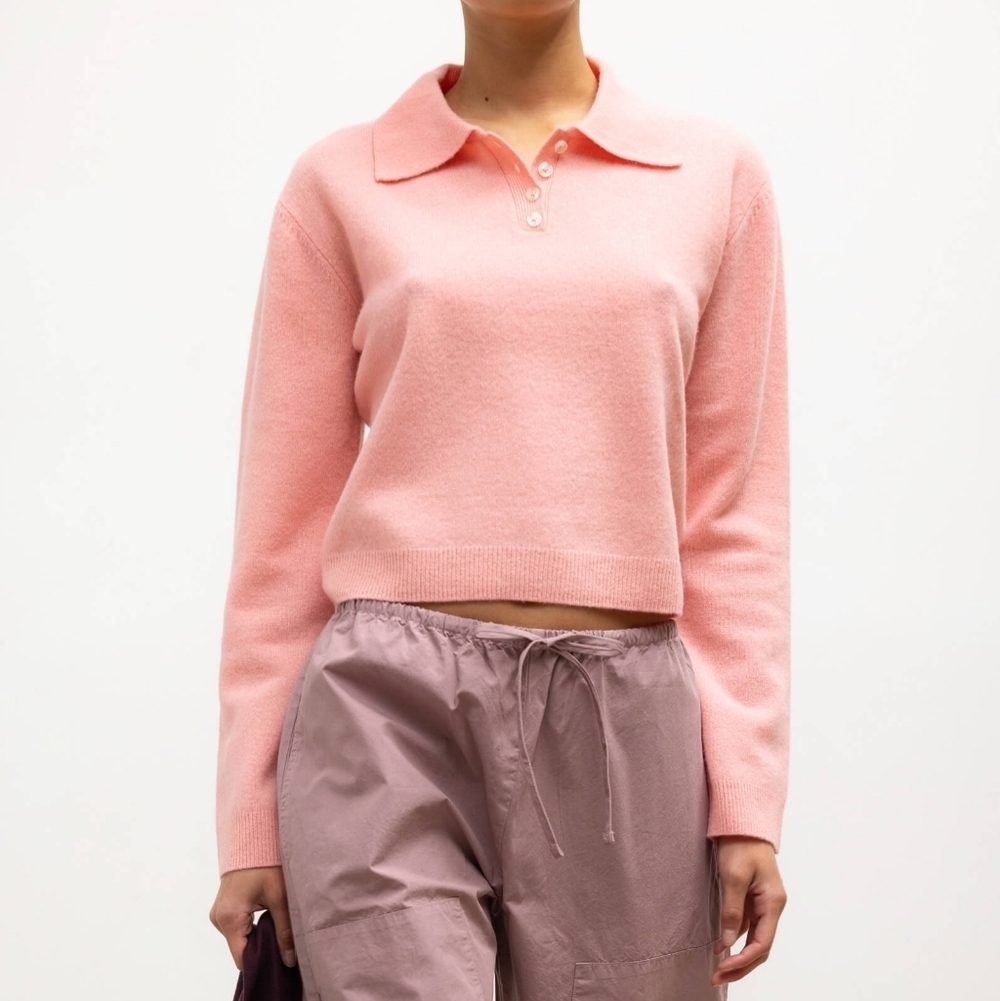 Leset Pink 100% Lambswool Long Sleeve Collared Jesse Polo Henley Sweater XS